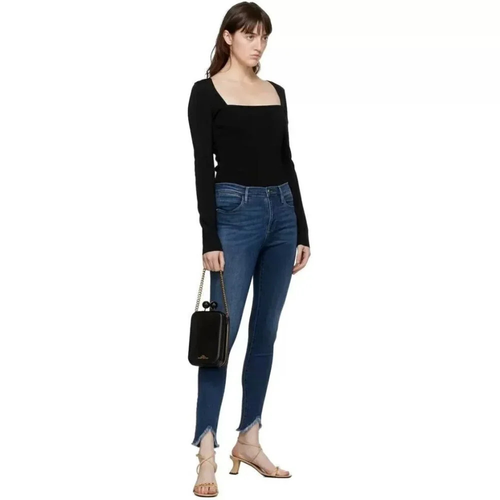 Frame Le High Skinny Medium Wash Chew Hem Jeans - Picture 2 of 12
